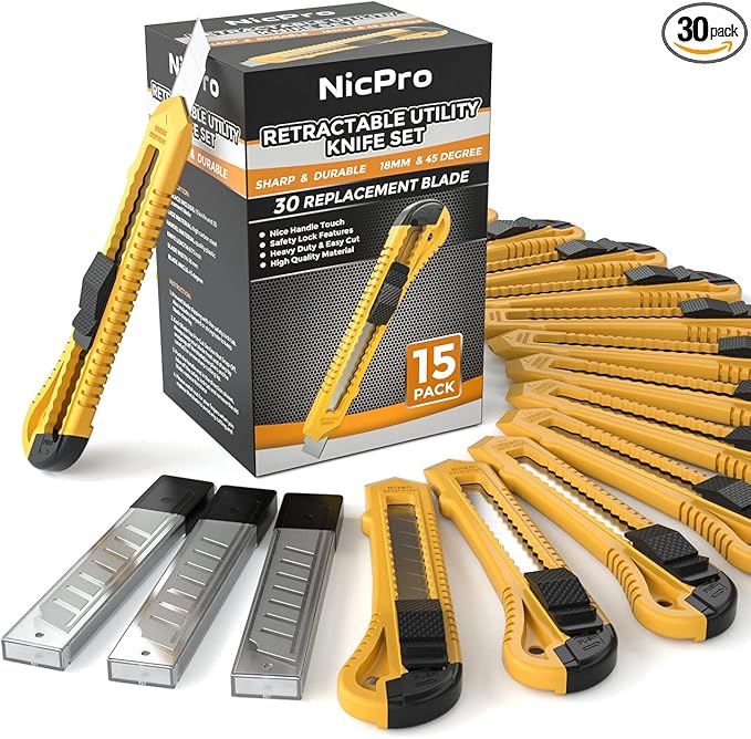 Nicpro 15 Pack Utility Knives with 30 PCS Extra Blades, Plastic Box Cutters Bulk Retractable Razor Knife Snap Off Blades 18mm for Heavy Duty Office, Home, Arts Crafts, Hobby