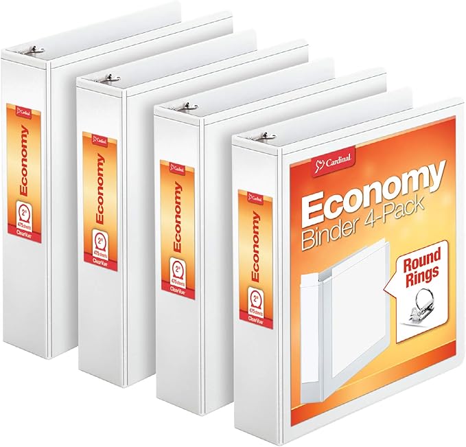 Cardinal Economy 3 Ring Binder, 2 Inch, Presentation View, White & Cardinal 1.5 Inch 3 Ring Binder, Round Ring, White, 4 Pack & Cardinal Economy 3 Ring Binder, 1 Inch, Presentation View, White