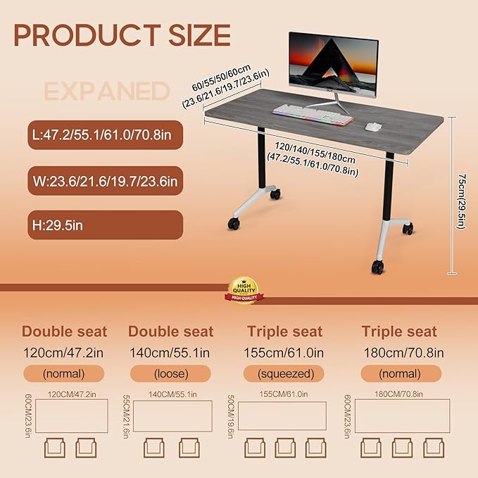 Folding Conference Table 4ft 5ft, Foldable Office Meeting Desk for 6 People, Multiple Sizes Colors Mobile Conference Room Table for Training Room School Business Furniture (6, Grey, 55in)