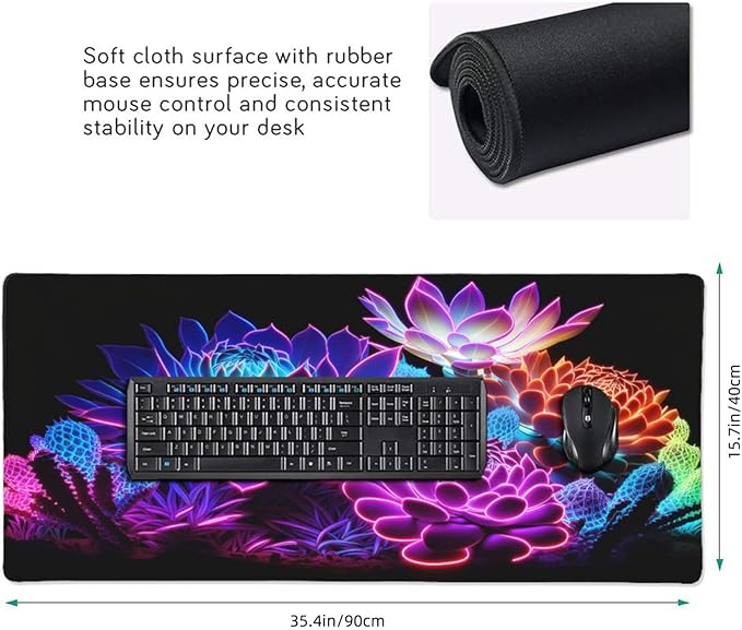 Gaming Mouse Pad,Large Mouse Pads for Desk,Non-Slip Rubber Base Extended Mousepad,XXL Keyboard Mouse Mat,Stitched Edges Computer Keyboard Desk Pad,35.4x15.8inch,Colorful Succulents