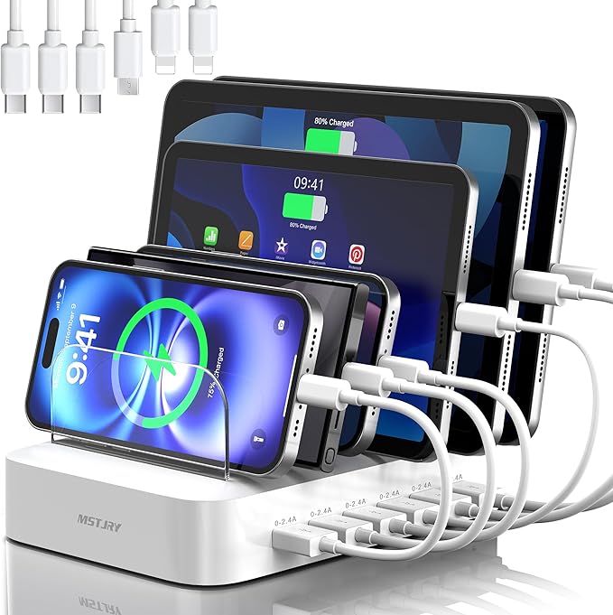MSTJRY Charging Station for Multiple Devices : 6 Port USB Charger Stations - Family Multi-Device Organizer Charging Dock - Designed for iPhone iPad Android Cell Phone Tablet and Electronic, White
