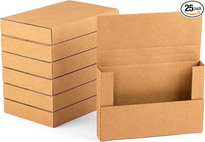 YUSHYIJIE 9x6x1.3 inch Small Shipping Boxes, Multi-Depth Flat Cardboard Boxes with Fragile Stickers for DVD Shipping, Packing, Moving, Storage, Brown, 25 Pack
