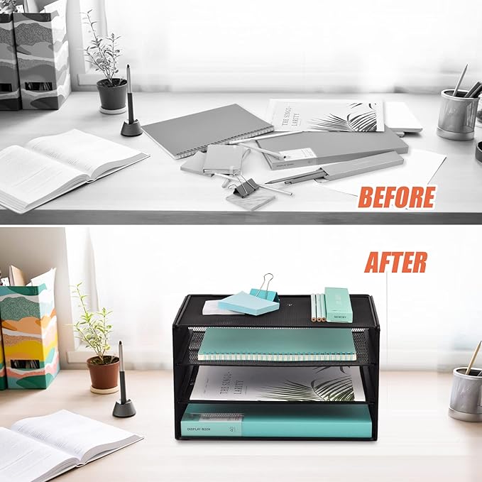 EASEPRES 3 Tier Mesh Desk Organizer Tray, File Paper Letter Folder Holder Desktop Paper Sorter Mail Organization Rack Storage Accessories, for Office Home School Classroom, Black