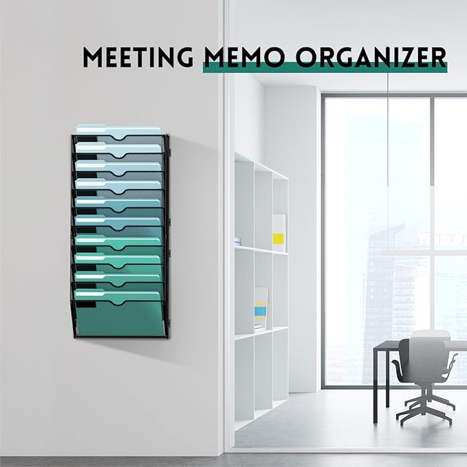 SUPEASY 10-Tier Wall File Organizer, Hanging Wall Files for Papers, Folders, Magazines, Wall Organizer for Clipboard, Assembly Needed, Black