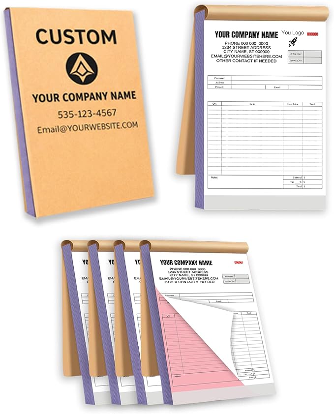 Custom Carbonless Invoice Book with Logo, Personalized Cover & Inner Pages, 2 Part NCR Receipt & Work Order Forms, Easy Tear, Writing Shield for Small Business (2-Part [White/Red], 8.3 x 5.5INCH)