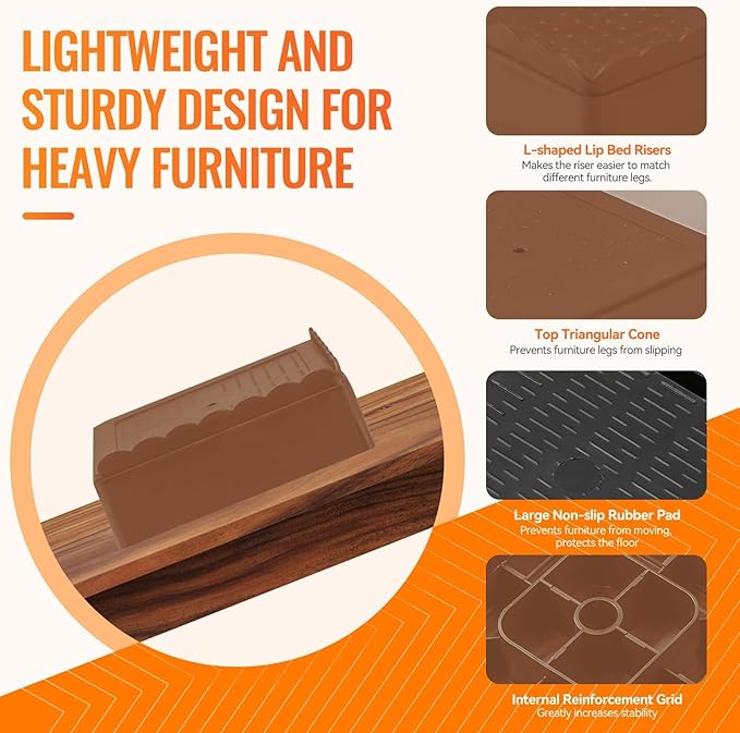 shouwuhho Furniture Risers, 8 Pack Bed Risers with Non-Slip Grip and Heavy Duty Support, 1 Inch 2 Inch 3 Inch 4 Inch Height Lift for Couch, Sofa, Table, Desk, Chair, Refrigerator - Brown, 1 Inch