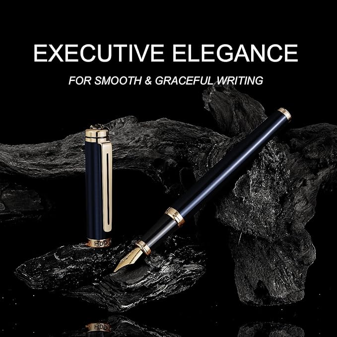 HDDNB Blue Luxury Fountain Pen Set for Men and Women with Gift Box, 24K Gold Finish and Gilded Nib(Fine) with 5 Black Ink Cartridges and Converter