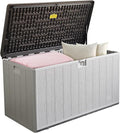 PATIOEASY 110GAL Deck Box - Grey，Wheeled Footlocker，Waterproof Resin Storage Bin for Patio Cushions