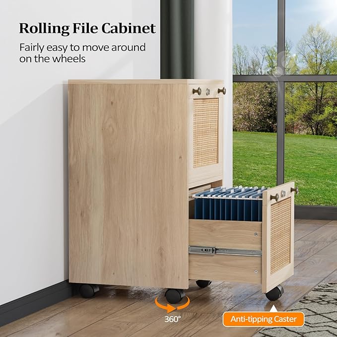 VINGLI 2 Drawer File Cabinet with Lock, Rolling File Cabinets for Home Office, Small Printer Stand, Wood Rattan Oak File Organizer, Under Desk Filing Cabinet on Wheels for Folders with Tabs
