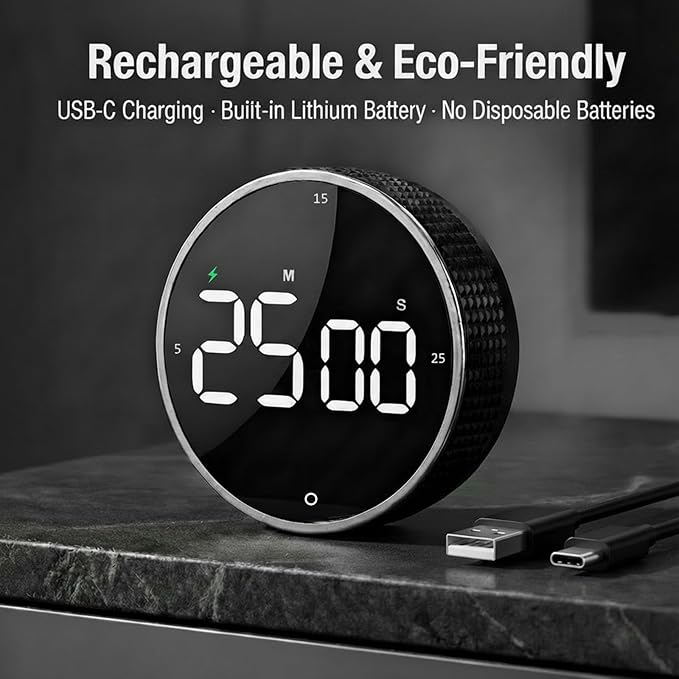 Rechargeable Magnetic Kitchen Timer, LED Countdown/Count-Up Timer, Supports USB-C Charging, with Loud Alarm, 3 Preset Quick Times (5/15/25m), Perfect for Kitchen Cooking, Studying, and Fitness
