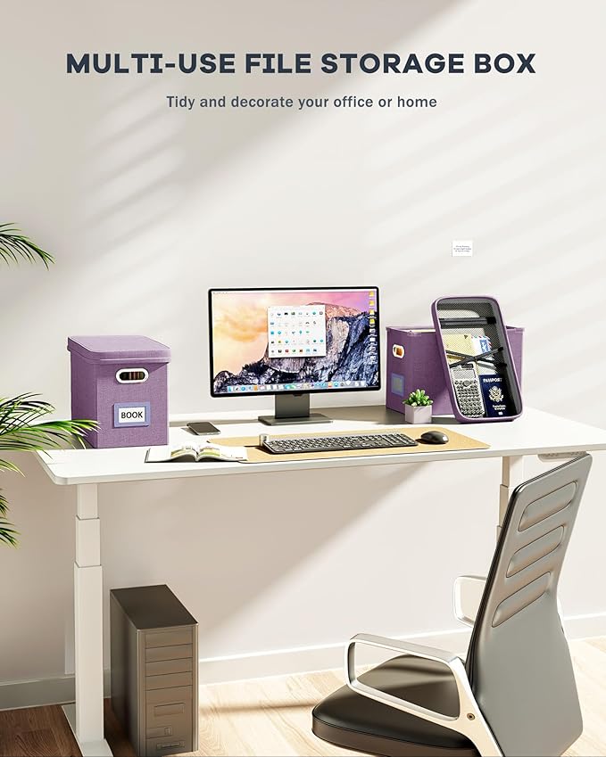 Oterri File Organizer With Lid, Hanging Filing Box With Mesh Pocket, Document Organizer for Letter Files, Portable Storage for Office & Home (2 PCS, Taro Purple)