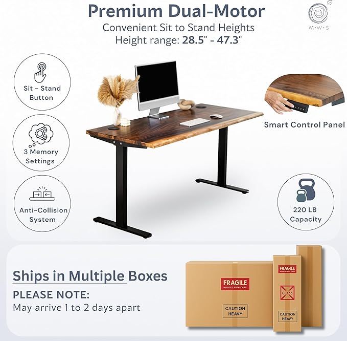 Standing Desk – Walnut Solid Wood Desk, Natural Live Edge, Adjustable Height Dual Motor, Sit Stand for Home Office (Black, W48 x D27)