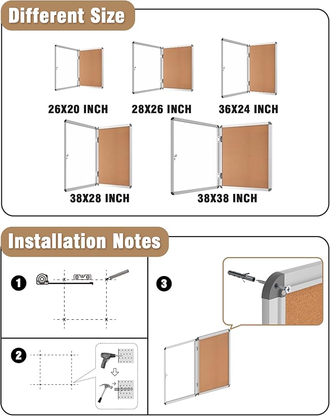 Mifuro 36"x24" Enclosed Bulletin Board, Lockable Weather-Resistant Aluminum Cork Noticeboard for School & Office, Silver Frame w/Cork