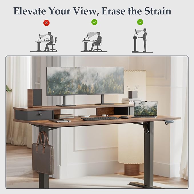 Klicelor 48 Inch Electric Standing Desk with Drawers, Adjustable Height Small Sit Stand Desk for Home Office, Compact Computer Workstation with Storage– Rustic Brown