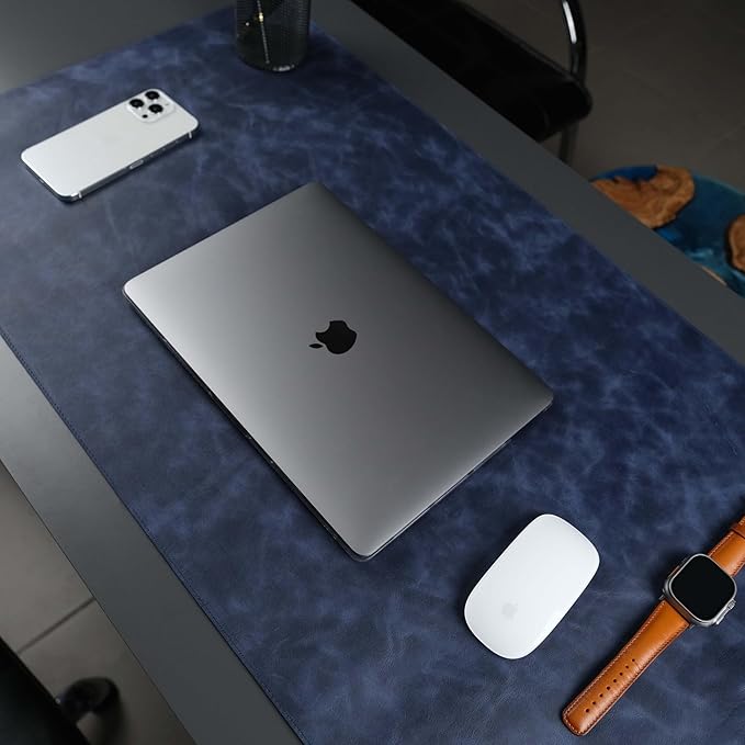TORONATA Jersey Genuine Calfskin Leather Desk Pad, Office Desk Mat with Non-Slip Bottom, Smooth Surface for Mouse & Keyboard, Desk Protector (36x19 inches) (Navy)