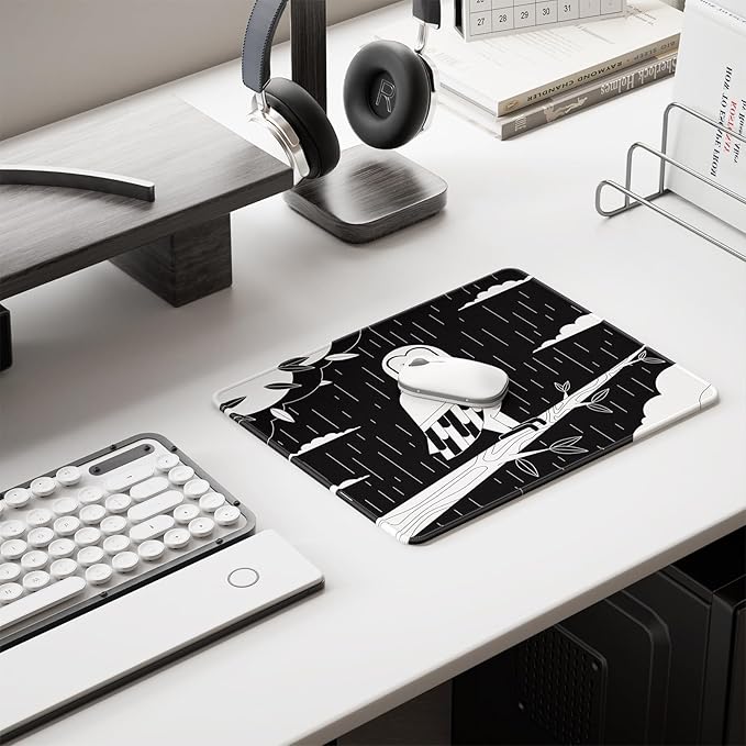 Auhoahsil Mouse Pad, 12 x 10 in Owl Theme Computer Mouse Pad for Desk, Premium-Textured Non-Slip Rubber Stitched Edges Waterproof Square Mouse Mat for Gaming Work Wireless Mice, Simple Black White