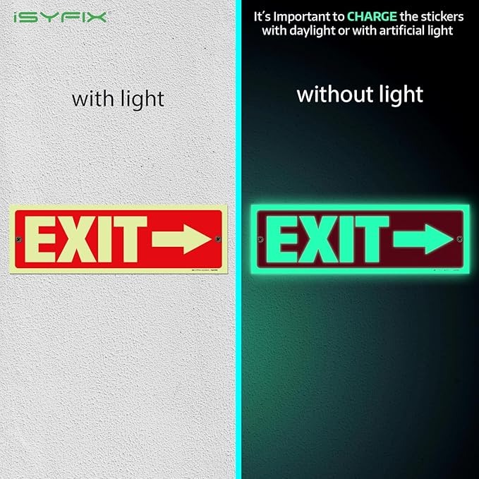 iSYFIX Exit Signs with Directional Right Arrow - 2 Pack 12x4 Inch Glow in the Dark for Business, School, Office, Warehouse - Durable 40 Mil Polystyrene, UV Laminated, Waterproof, Scratch & Fade Resistant