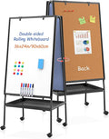 MAKELLO Rolling White Board on Wheels 36x24 in, Double-Side Standing Whiteboard Cork Board Combo with Storage Tray for Office Classroom Commerce, Height Adjustable, Aluminum Frame, 3'x2'