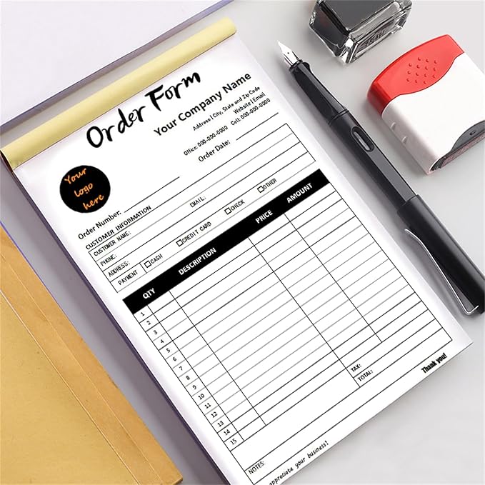 Custom Invoice Book in 3-Part /2-Part Receipt Book with Carbon Copies Personalized Carbonless Service Invoice Form Books Sales Order Book with Company Name Logo Address,B-Order Form Book