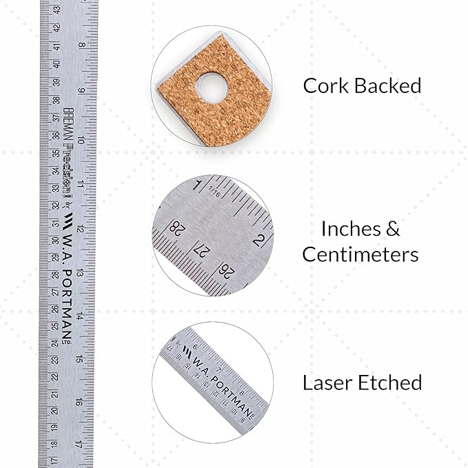 Breman Precision Metal Ruler 24 Inch Cork Back – 10 Pk Stainless Steel Straight Edge, Flexible Non-Slip Metal Ruler with Cork Backing – Imperial & Metric for Crafting, School, Workshop & Home Use