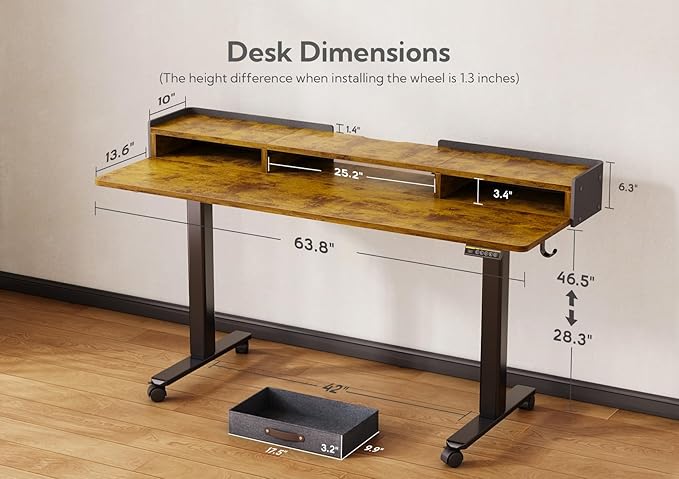 Claiks Standing Desk with Drawers, Adjustable Stand Up Electric Standing Desk Adjustable Height with Storage Shelf and Splice Board, 63 Inch, Rustic Brown