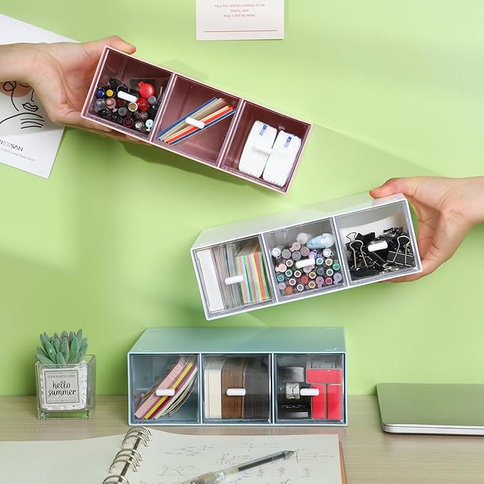 OSteed Desktop Drawers, Desk Organizer with 3 Drawers, Stackable Plastic Storage Box for Home Collection, Cosmetics, Jewelry, Office Supplies (1 Tall Layer, Pink)