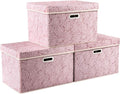 PRANDOM Larger Collapsible Storage Boxes with Lids Fabric Decorative Bins Cubes Organizer Containers Baskets Handles Divider for Bedroom Closet Living Room Pink 17.7x11.8x11.8 Inch 3 Pack