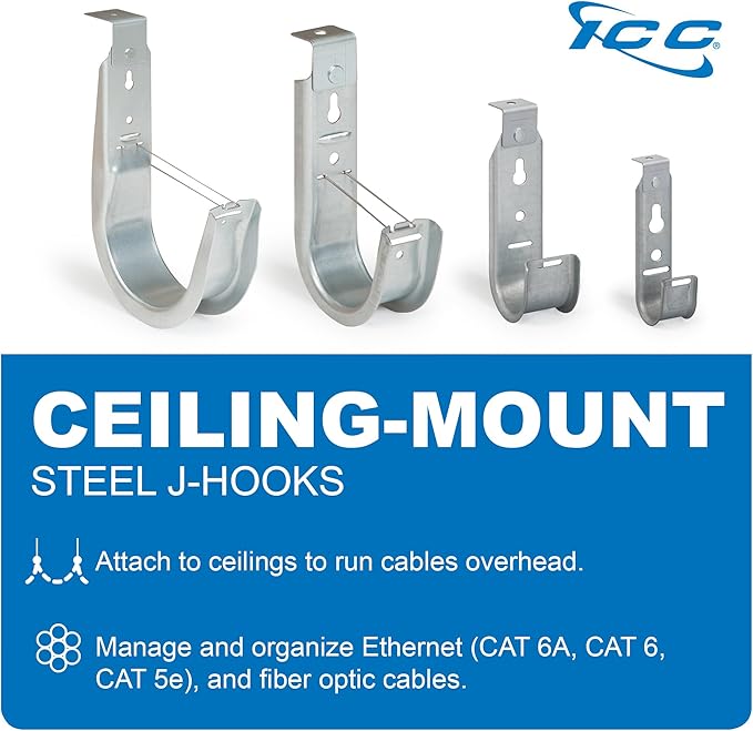 ICC Ceiling Mount J Hook 3/4” Without Retainer Clip - Galvanized Steel Cable Management Hooks for Hanging Cable - Rust-Resistant, EIA and TIA Compliant - 3/4 Inch 25 Pack