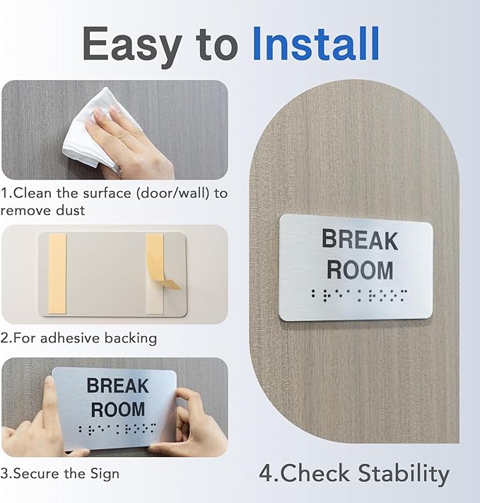Exit Signs with Raised Text & Grade 2 Braille, Brushed Aluminum/Silver Finish Easy Install with Double-Sided Tape, ADA Compliant Exit Signs for Businesses & Offices