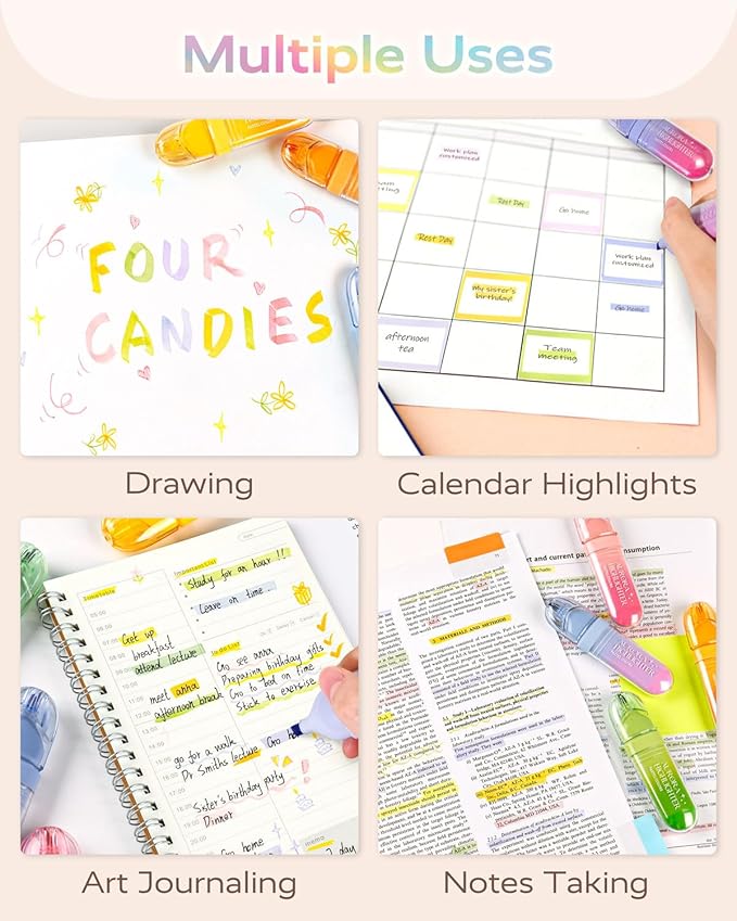 Four Candies 8 Pcs Highlighters Assorted Colors, Cute Pastel Highlighter Set, Quick-Dry, Soft Chisel Tip, No Bleed Highlighter, Aesthetic Highlighters for Christmas