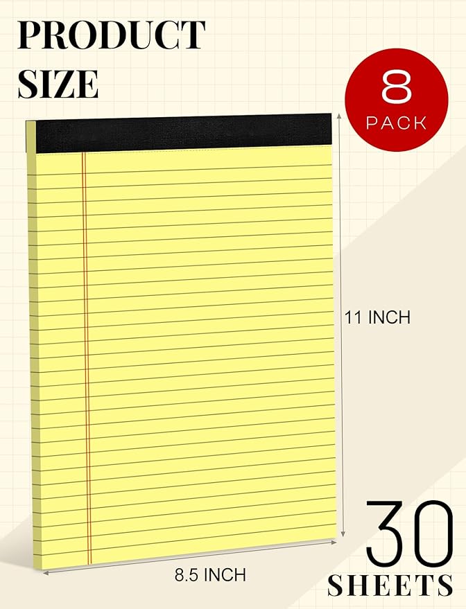 Aidunmis 8 Pack Yellow Legal Pads 8.5 x 11 Wide Ruled Note Pads 8.5x11 Lined Paper Writing Pads Notepads 8.5 x 11 Notebook Paper for Work Legal Notepads Yellow Pads of Paper 30 Sheets per Legal Pad
