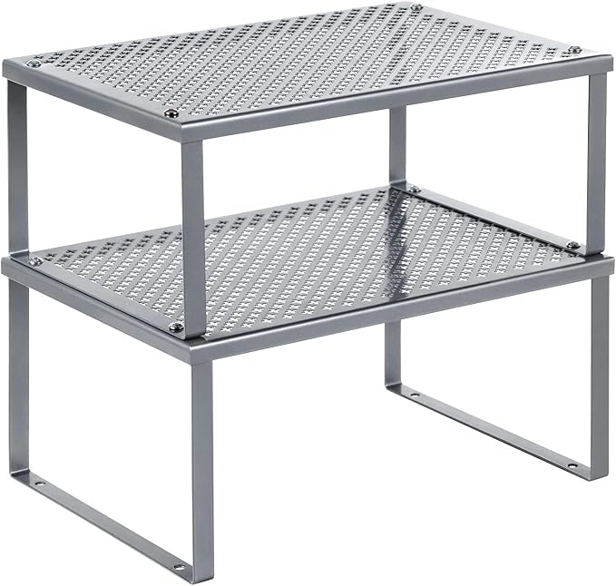 SONGMICS Spice Racks, Set of 2 Metal Cabinet Shelf Organizers, Countertop Organizers, Shelf Risers, Stackable, Expandable, Silver UKCS01SV