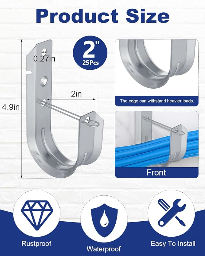 AOKLIT 25 Pcs 2" Galvanized Steel J-Hooks, Heavy Duty Wall Mount Cable Support J Hook with Retainer Clip for Cable Management