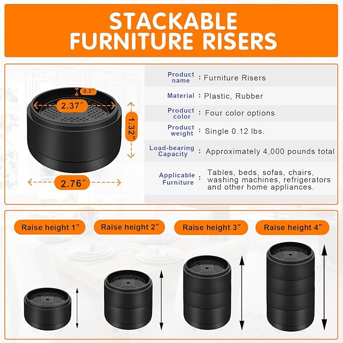 Furniture Risers Bed Risers Heavy Duty 1 inch, 2 inch, 3 inch, 4 inch Round Adjustable Bed Lifts Riser for Desk Legs Table Couch Sofa Chair Refrigerator Washing Machine (1+1+1 Inch, Black, 4 Pack )