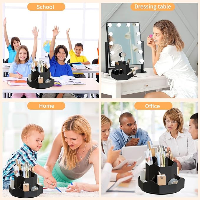 Pencil Pen Holder for Desk,9 Slots 360 Degree Rotating Desk Organizers,Desktop Storage Stationery Supplies Organizer, Cute Pencil Cup Pot For Office, School, Home(Black)