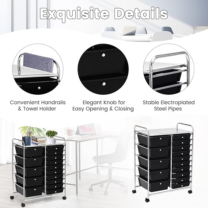 COSTWAY 15 Drawer Rolling Storage Cart, Multipurpose Mobile Storage Organizer w/Removable Drawers & Metal Frame, Utility Tools Paper Organizer on Wheels for Home, Office (Black)