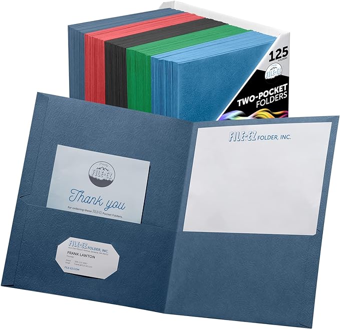 FILE-EZ Two-Pocket Folders, Assorted Colors, 125-Pack, Textured Paper, Letter Size (EZ-32400)