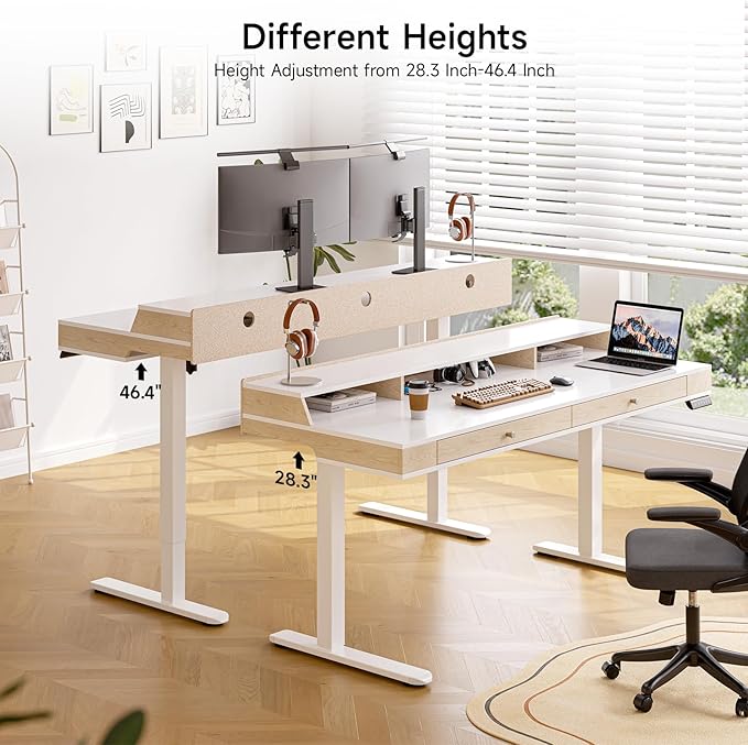 Standing Desk With Drawers, 47x23.6 Inch Electric Stand Up With Storage Shelf and Memory Controller, Adjustable Height 28-46 Inch for Computer Workstation, White