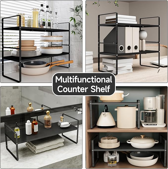 jkxoo 2Pack 16.5-27’’L Expandable Cabinet Shelf Organizers, Stackable Metal Shelves Extender for Kitchen Countertop Storage, Adjustable Spices Shelves Rack Stand for Cupboard Pantry, Black