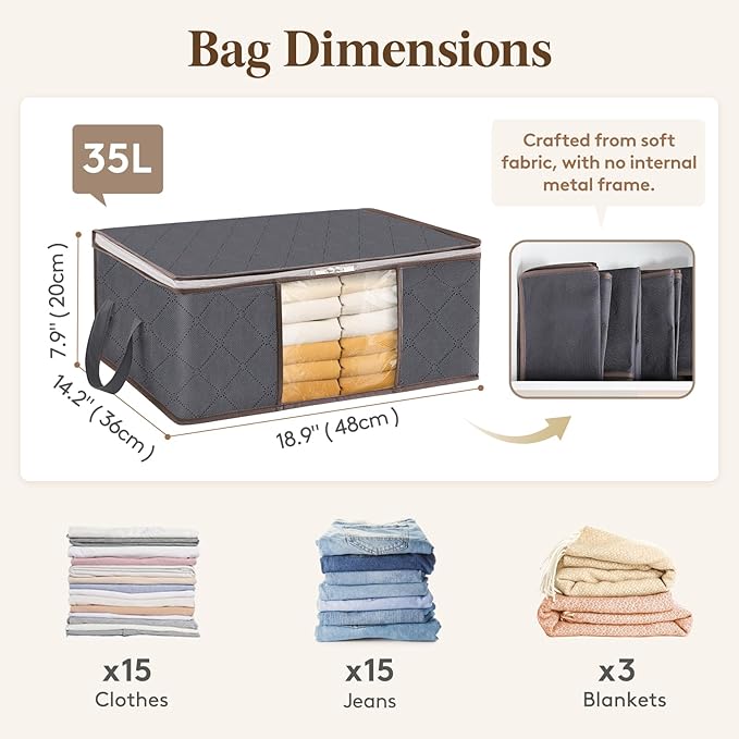 Lifewit 4 Pack Clothes Storage Bag, Foldable Storage Bin Closet Organizer with Reinforced Handle, Sturdy Fabric Blanket Storage with Clear Window, Storage Containers for Clothing, Bedding, Gray