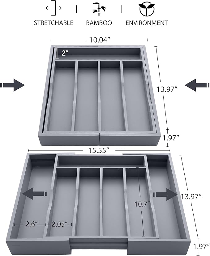 oridom Expandable Bamboo Kitchen Drawer Organizer for Cutlery and Utensils, Adjustable Bamboo Wood Cutlery Tray in Drawer for Flatware and Silverware in Kitchen, (Grey)