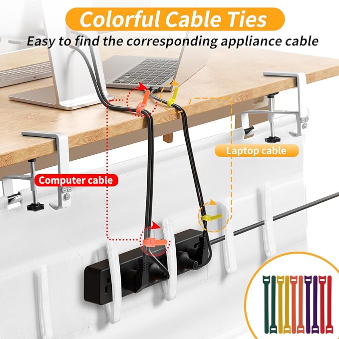 SUREUP9 No Drill Under Desk Cable Management Tray, 36" Cord Organizer with Clamp, Fabric Cable Management for Standing Desks, Ideal for Home & Office - White