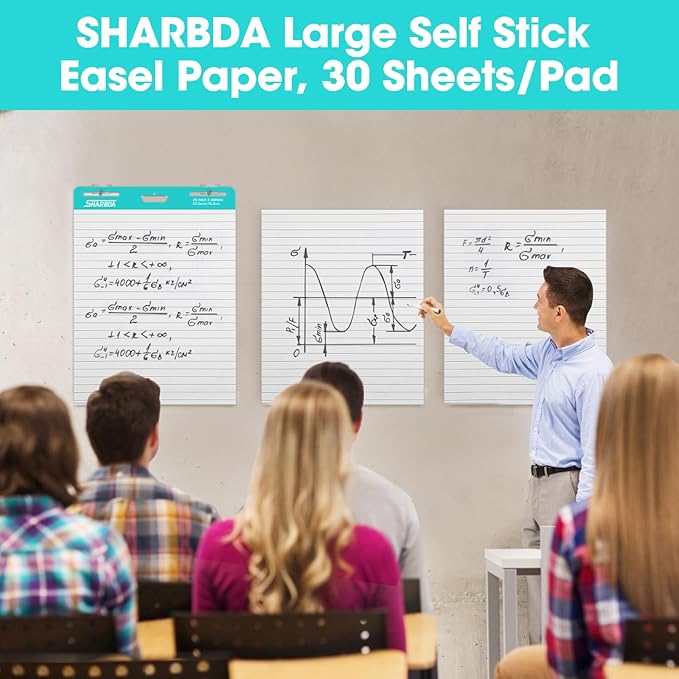SHARBDA Lined Sticky Easel Pad, 25 * 30 inch,Self-Stick Flip Chart Paper, Super Adhesive & Bleed-Resistant,Micro-Perforated Tear,Classroom Teacher Office Presentation Pads,10 Pads/Pack,300 Sheets