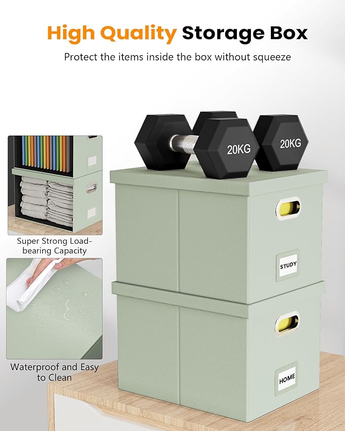 Oterri File Organizer Box,Filing Box with Lid,File Box for Letter/Legal File Folder Storage, Portable Hanging File Box for Office/Decor/Home,1 Pack, Grey-green(Leather),Box only, AM03118