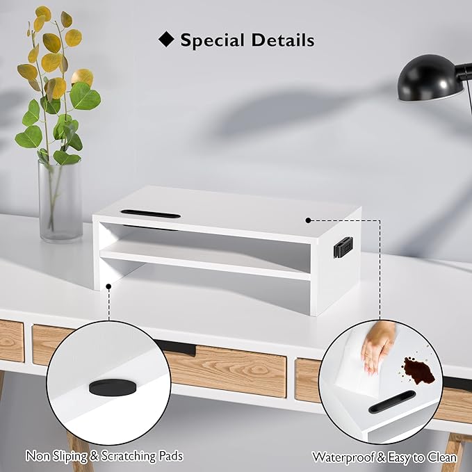 BONTEC Wooden Monitor Stand Riser, 2-Tier Desk Shelf with Storage Organizer, Ergonomic Computer Stand with Cable Management, Cellphone Holder, White, 16.5 Inch