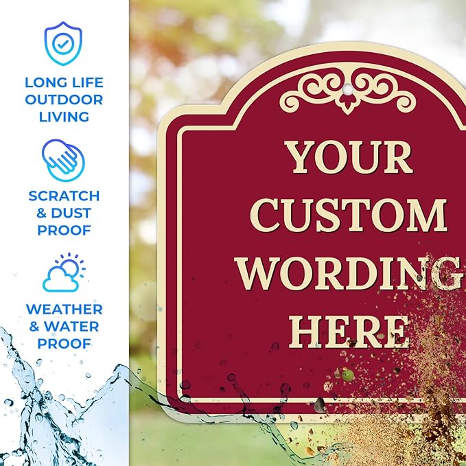 Custom Decorative Sign, Personalized Metal Sign for Business, Driveway, Home, Airbnb, Office Door Plaque,Burgundy Background Sign, 12x12 Inches, ACM, Fade Resistant, Made in USA by Sigo Signs