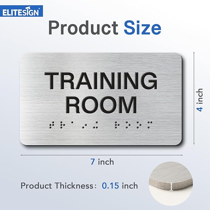 TRAINING ROOM Signs with Raised Text & Grade 2 Braille, Brushed Aluminum/Silver Finish Easy Install with Double-Sided Tape, ADA Compliant Custodian Door Sign for Businesses & Offices