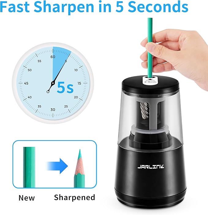 JARLINK Electric Pencil Sharpener, Heavy-Duty Helical Blade to Fast Sharpen, Auto Stop for No.2/Colored Pencils(6-8mm), AC Adapter/Battery Operated in School Classroom/Office/Home (Black)