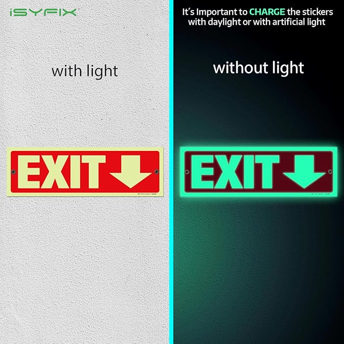 iSYFIX Exit Signs with Directional Down Arrow - 6 Pack 12x4 Inch Glow in the Dark for Business, School, Office, Warehouse - Durable 40 Mil Polystyrene, UV Laminated, Waterproof, Scratch & Fade Resistant