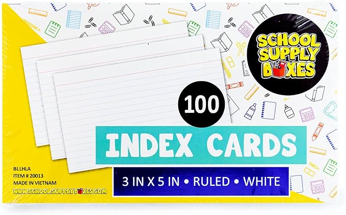 School Supply Boxes | 3x5 White Index Cards (100 ct.) | 20 Pack | Lined in Front, Blank in Back
